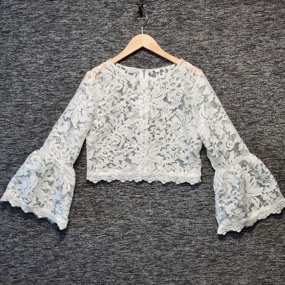 Salt Clothing Vito Crop Top Women Small White Floral Sheer Lace Bell Sleeve Boho